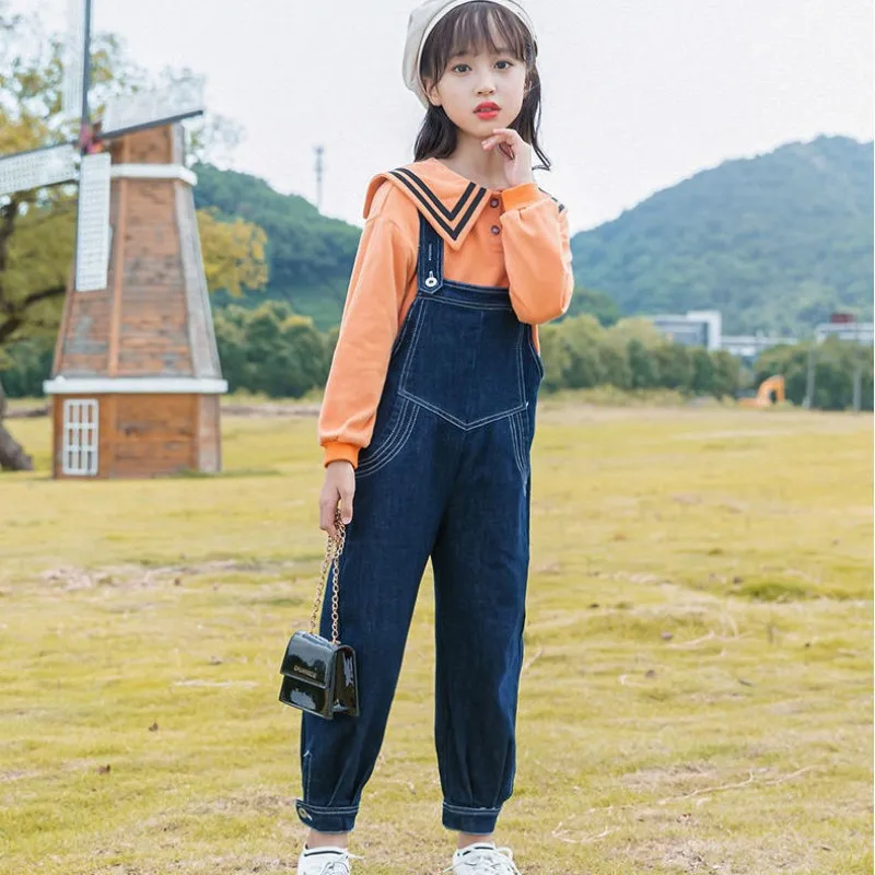 

2023 Teens New Spring Autumn Kids Sets Shirts +Jeans Denim Bib Jumpsuit Pockets with Suits Girls Suspender Trousers Girls 4-12Yr