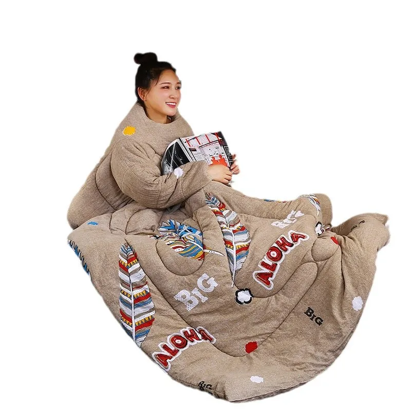 Wearable Warm Shoulder Protection Blanket with Sleeves Winter Cold Resistant Kids Anti Kick Quilt Multifunctional Lazy Pillow Bl