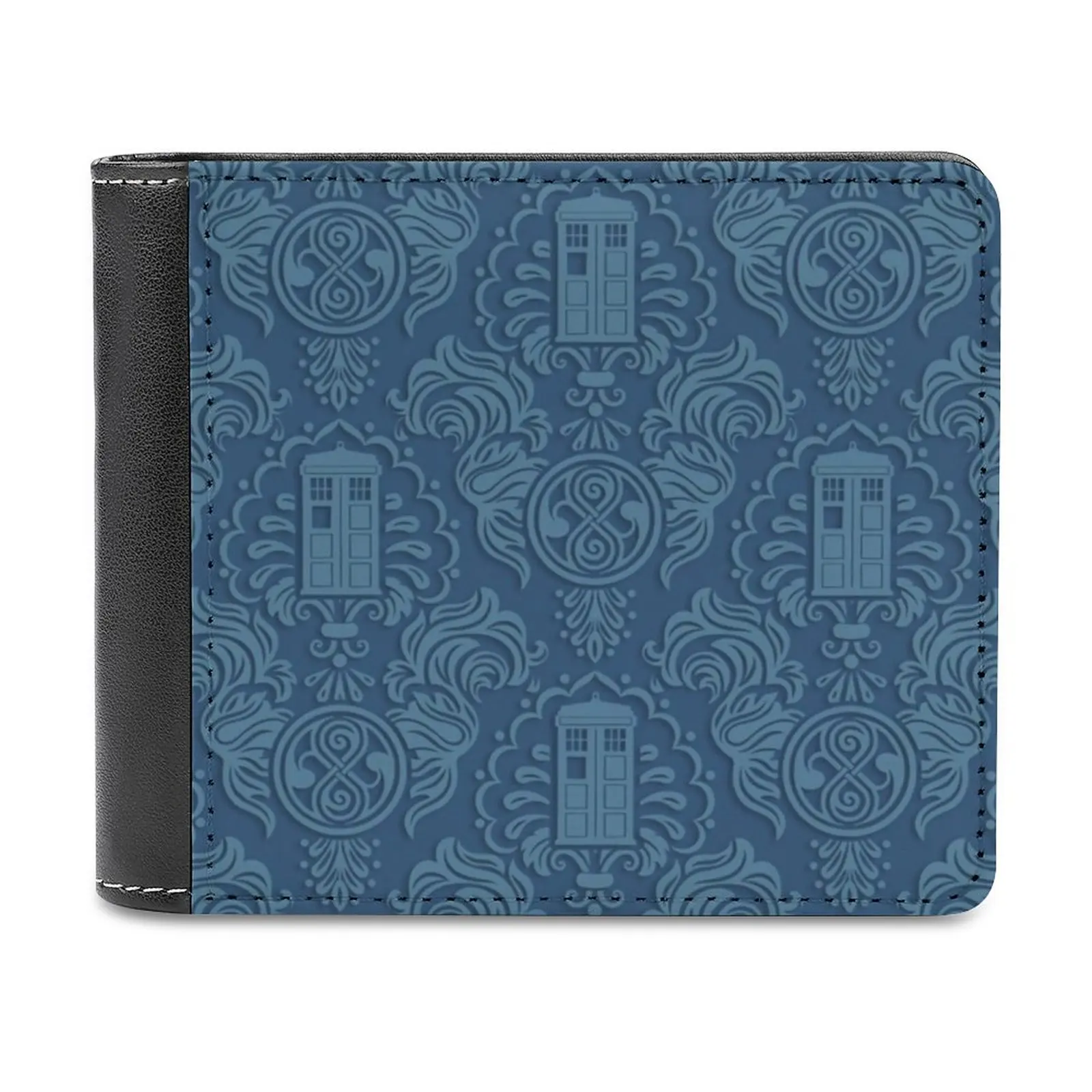 

Damask Leather Wallet Men Classic Black Purse Credit Card Holder Fashion Men's Wallet Drwho Who Whovian Police Box Tv Damask