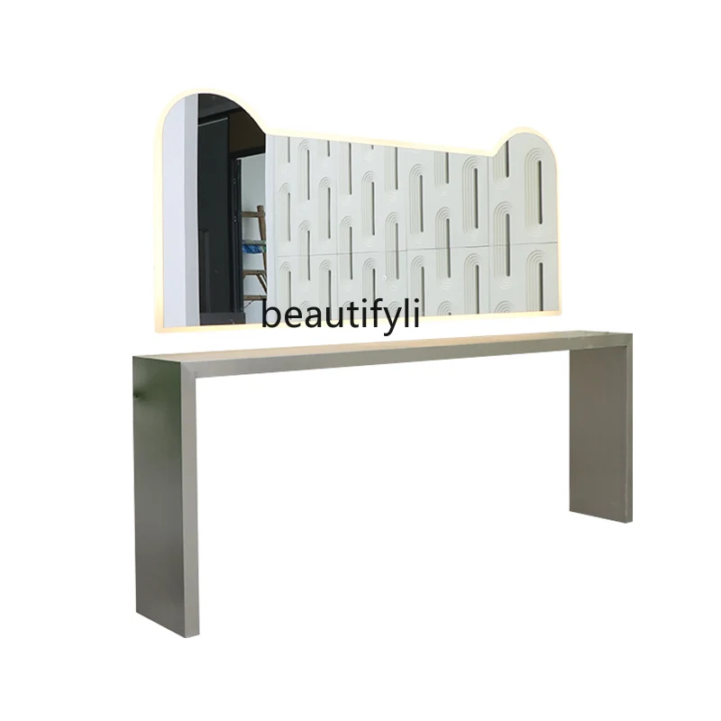

Barber shop single-sided wall-mounted barber shop mirror table with lamp with table integrated perm and dyeing mirror