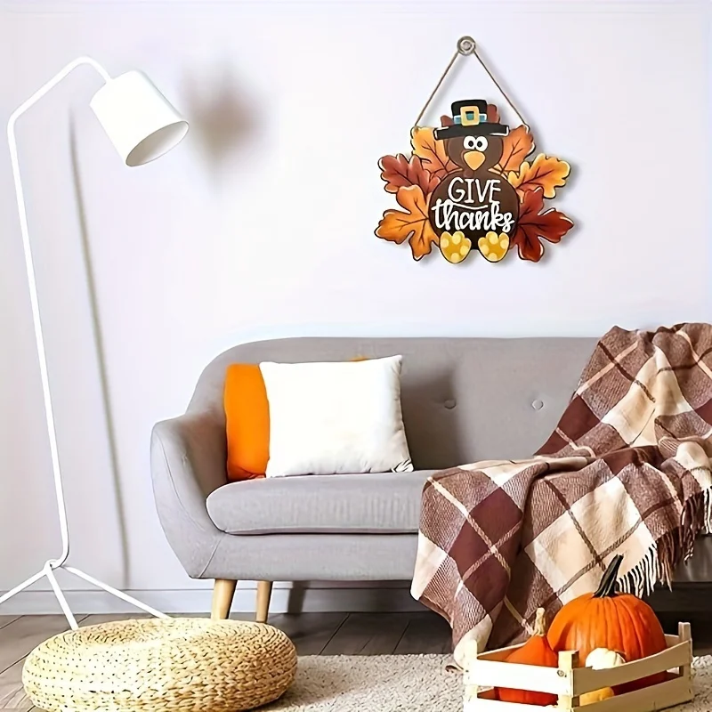 شماعة باب ديك رومي خشبية ساحرة مع نقش "Thanksgiving" مطبوع ثنائي الأبعاد - مثالية لتزيين الشرفة الخارجية في الخريف الاحتفالي