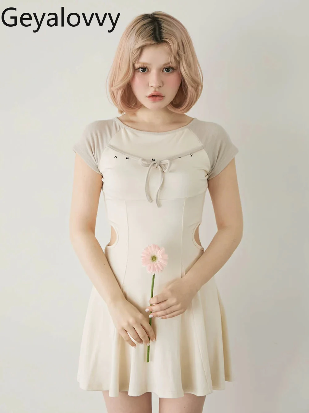 Estilo japonês emenda rendas carta bordado senhora vestido de manga curta femme 2025 novos vestidos casuais elegantes femininos