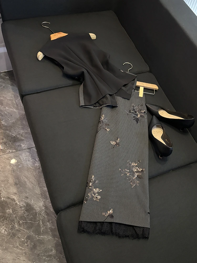 Retro sle lantejoulas bordado listrado colete e renda retalhos saia conjunto feminino faion conjunto outono inverno nova chegada