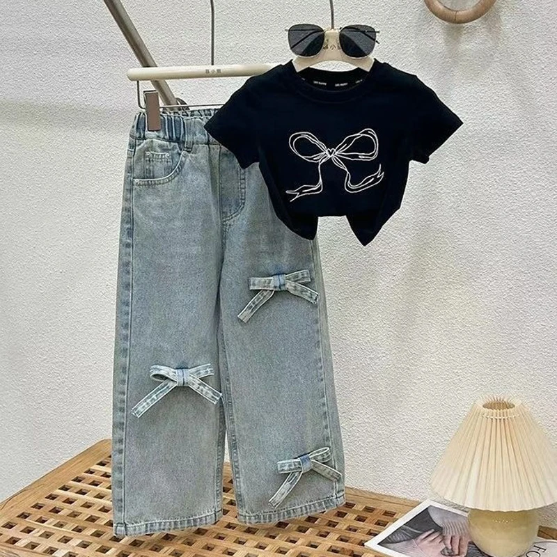 Spring Summer New Girls Clothing Set Bowknot Print T-shirt+Wide Leg Jeans 2Pcs Suit For 2-12 Years Teen Girls Fashion Outfit