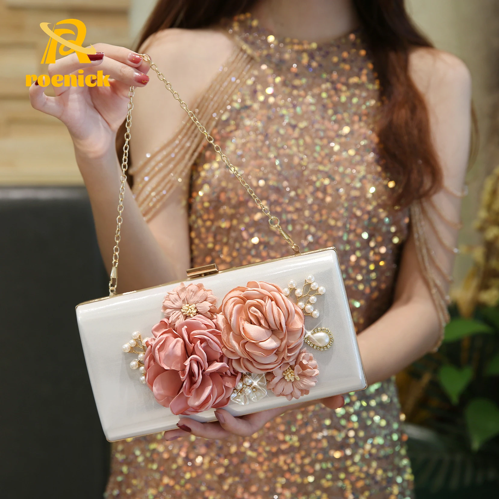 

ROENICK High Quality Luxury Flowers Evening Bags Banquet Dinner Chain Designer Handbags and Purses Female Party Pearl Day Clutch