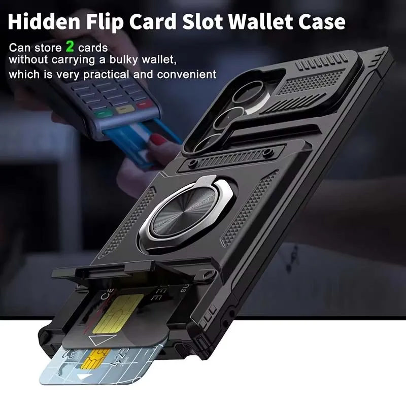 360 °Rotating Metal Bracket Hard PC+Soft TPU 2-In-1 Armored Phone Case With Card Bag For Samsung Galaxy S26Ultra S23 S24 S25FE