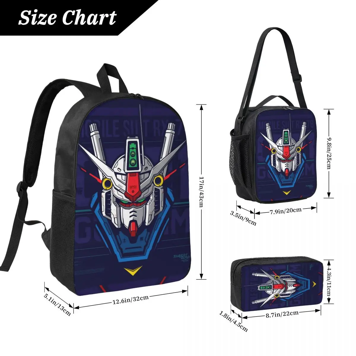 Mobile Suit Gundams Backpack Lunch Box Pen Bags for Boys Girls Preschool Backpacks Schoolbag Bookbag Set