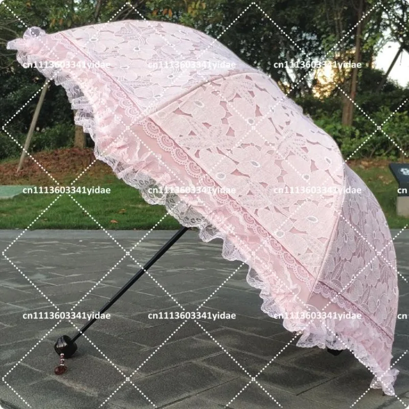 Pink Floral Lace Sun Umbrella for Women, UV Protection, Princess Style, Baby Baptism, Fashion