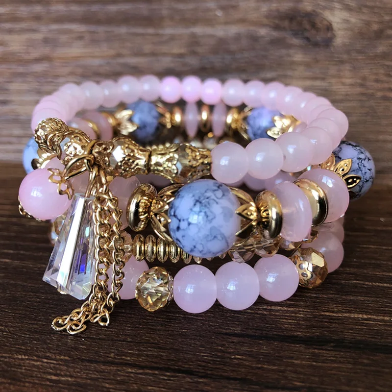 Bohemian Multicolor Crystal Beads Bracelets for Women Girls Boho Ethnic Tassel  Elastic Rope Handmde Wrap Bracelet Pulseira Femi