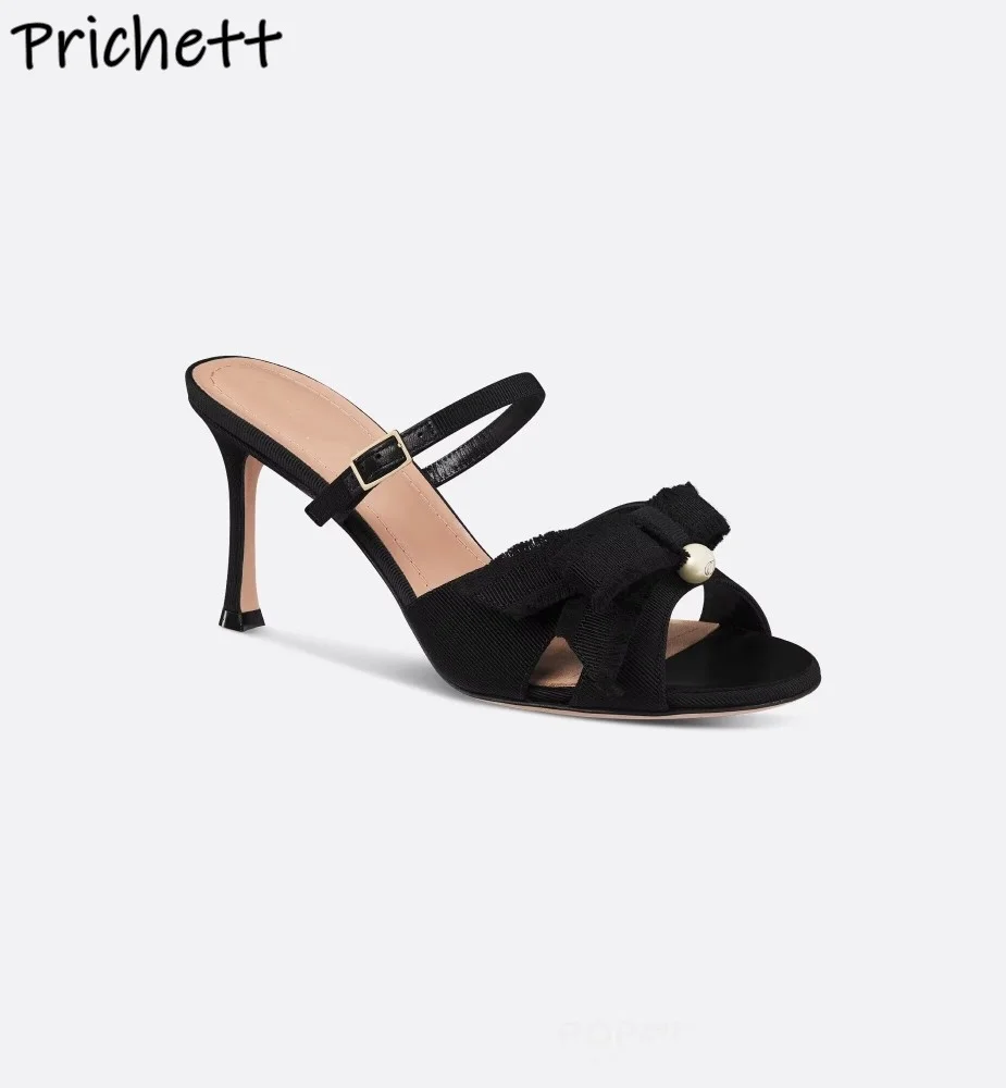 

Pearl Butterfly Knot Sandals Slingback Black Buckle Straight Strap Peep Toe Black Shoes Women's Summer Elegant Slippers 2025