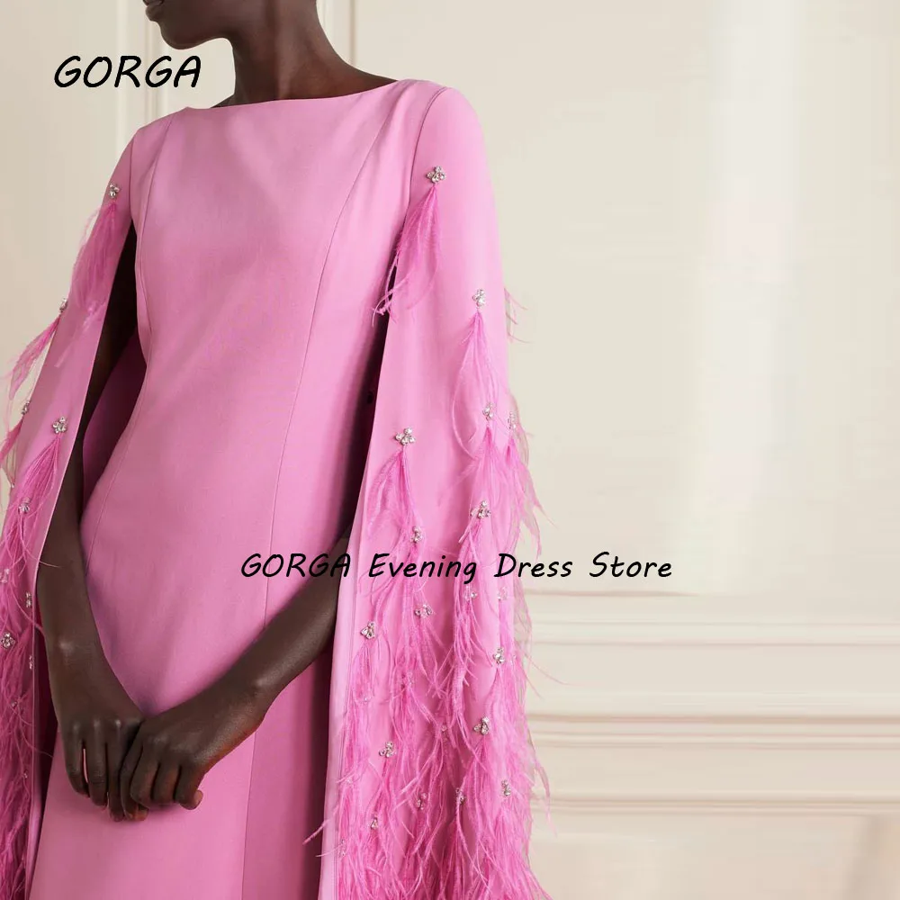 GORGA Pink Crepe O-Neck Mermaid 2024Slim Backless Beading Feathers Cope Ocassion Gown Floor-Length Evening Dressفستان سهرة نسائي