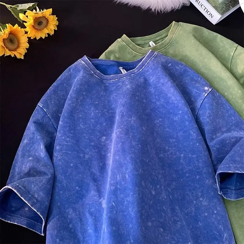 American Style Retro Heavyweight Solid Color Short Sleeved T-shirt Men Women Summer Street Trendy Washed Old Oversized Clothes