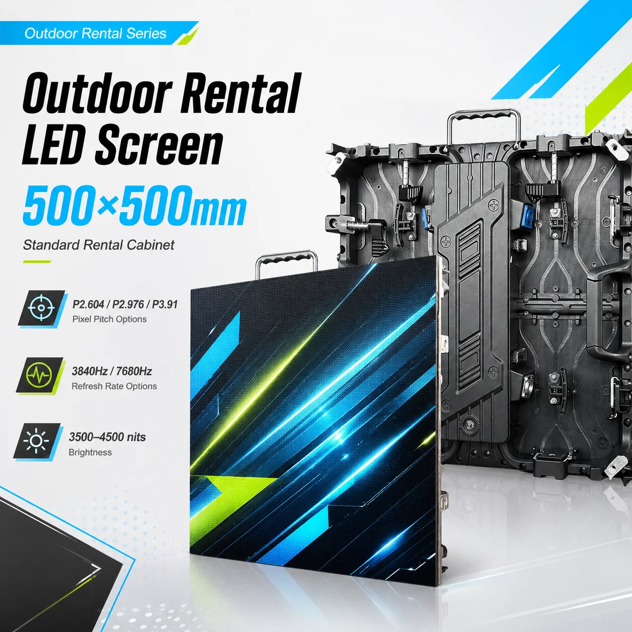 Outdoor LED Rental Display Cabinet Flat Cable Series 500x500mm P2.604 P2.976 P3.91 for Stage Background Cinema Advertising
