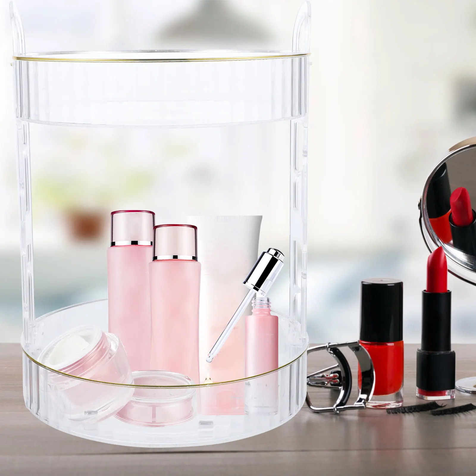 

Dressing Table Storage Rack 360 Degree Rotating Dual Layer Gold Edge Makeup Organizer Bathroom Counter Spice Tray Jewelry