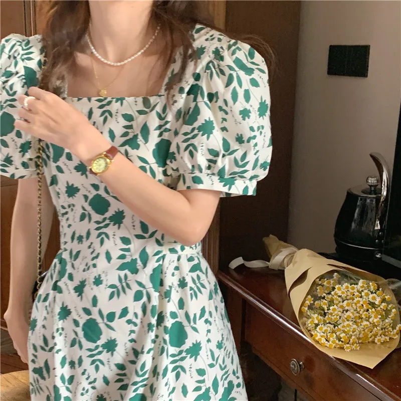 Initial Love Blumendruck Dr. Summer Fre Anti-Aging 2025, neuer quadratischer Kragen, Bubble Sve, taillierter Eleganzrock für Damen