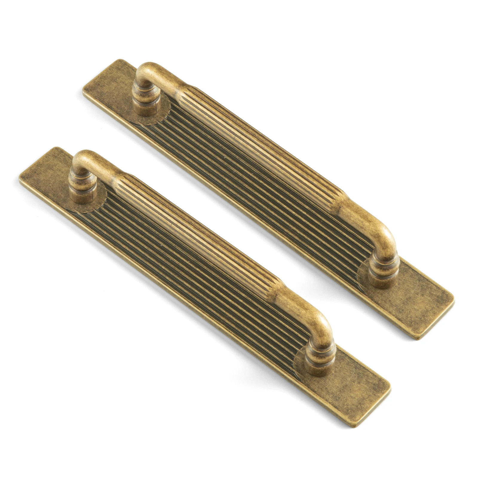 Goo-Ki Antique Brass Fluted Cabinet Pulls with Linear Backplate 5 in 2 Pack Solid Zinc Alloy, Aged Patina Art Deco Design, Conceals Old Drill Holes, For Dressers, Kitchen Cupboards And Vanities