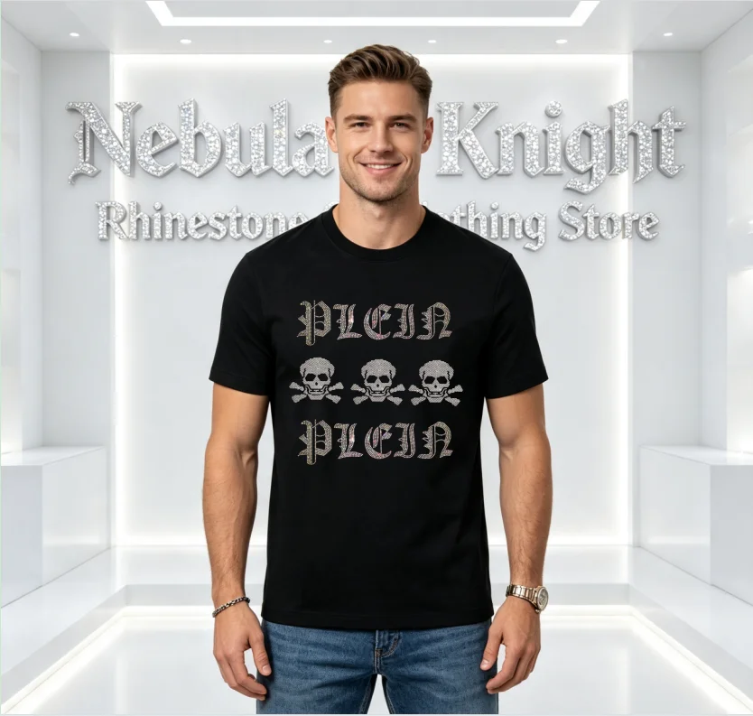 Men's Pure Cotton O-Neck T-Shirt with Rhinestone Hot Fix Casual Short Sleeve Summer Fashion Daily Wear Top