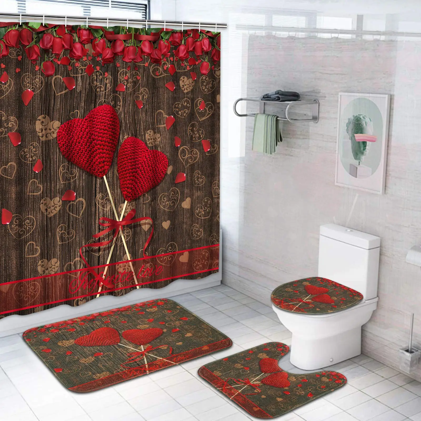 

Valentines Day Shower Curtain Set Non-Slip Rug Toilet Lid Cover Bath Mat Red Rose Love Heart Bathroom Curtain Set Rustic Wood