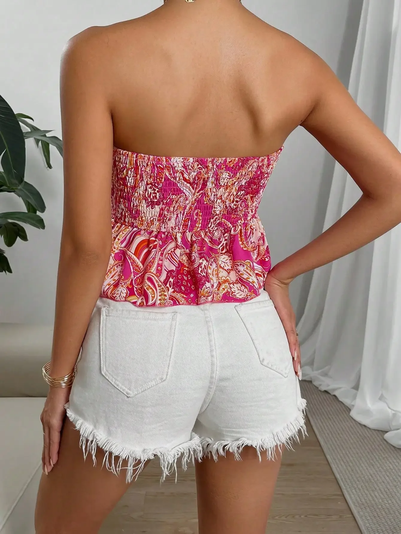Pop Cross Border Hot Selling For European American Women Full Width Printed Irregular Hem Sexy Strapless Collection Summer Top