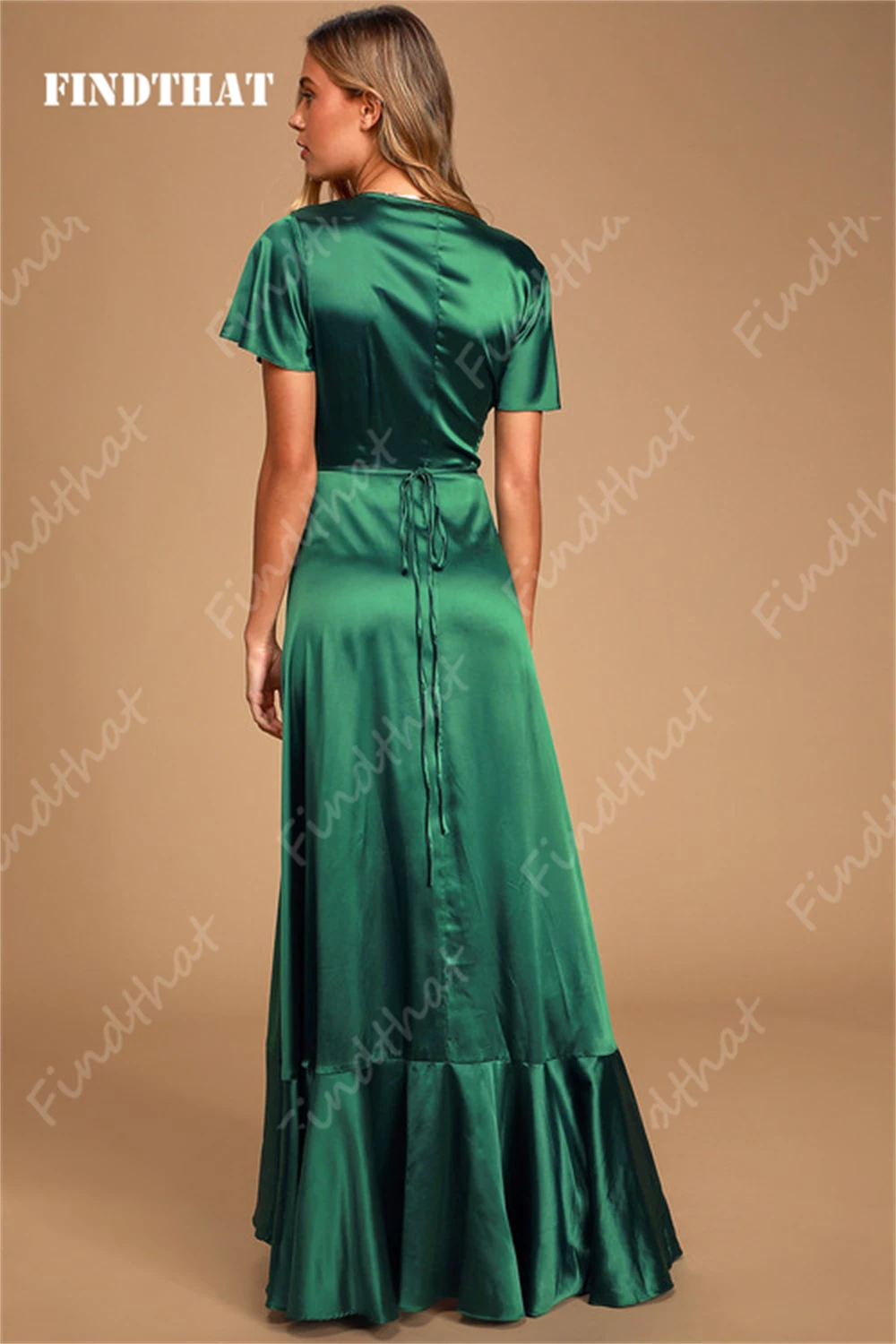 Findthat Elegant Green High-Low Deep V-Neck Satin Bridesmaid Dress for Wedding Short Sleeves Ruffles Slit A-Line Party Gown 2024