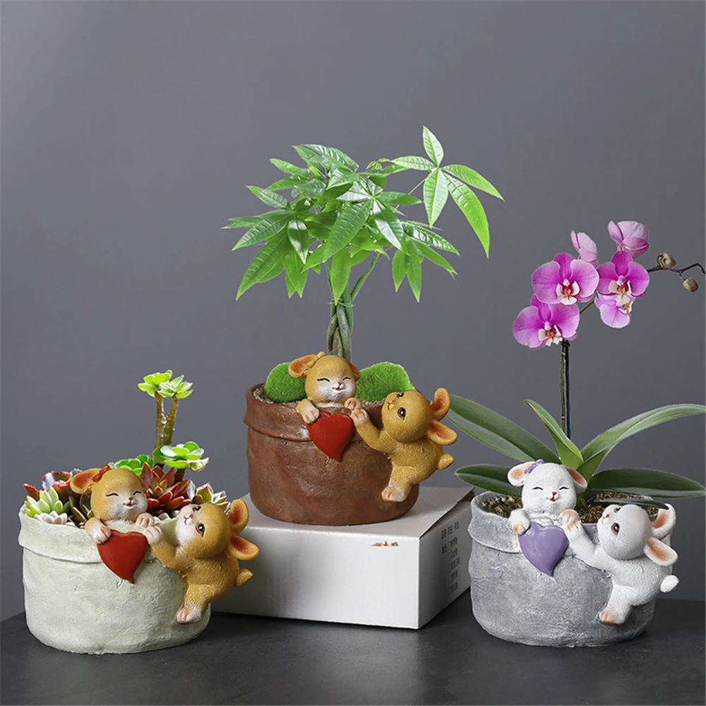 

Cute Bunny Couple Decorate Planter Pots Succulent Decor Garden Pots Resin Rabbit Family Shaped Statue Balcony Patio Flower Pot