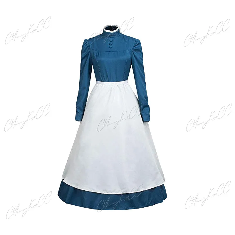 New Spring, Summer, Autumn and Winter Women's Fashion Dress Middle Ages Servant Cosplay Dress Button Round Neck S-XXL