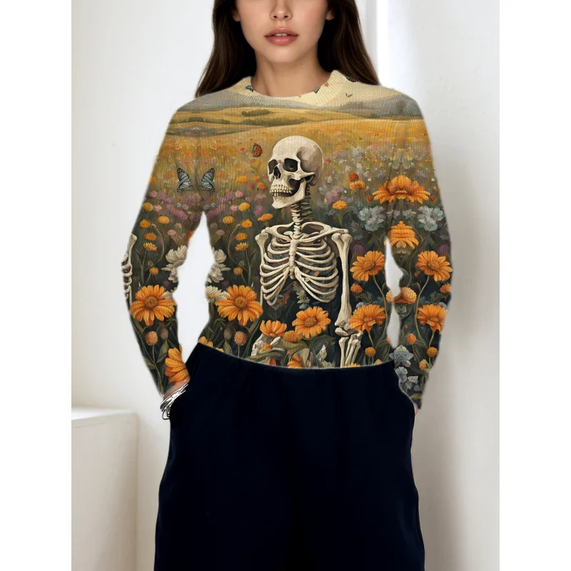 

Halloween flower Skull Digital Print Women Sweater Knit Pullover Thick Loose Crew Neck Long Sleeve Autumn Winter Fashion Party