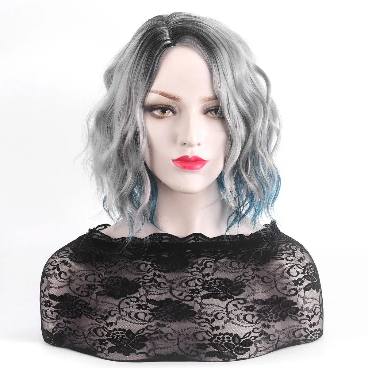 Short Curly Synthetic Wig for Women Fluffy Side Bangs Wave Style Ombre Highlighted Full Head Cap Natural Looking Cosplay Party