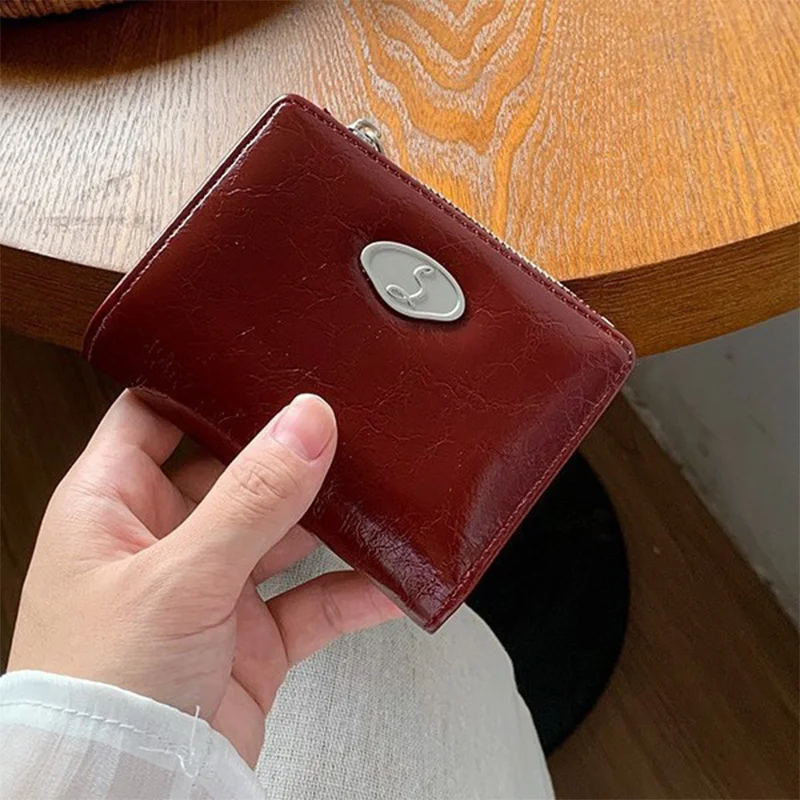 Wine Red Glossy Short Wallet for Women, Simple Zipper Card Holder, Versatile Multi-slot Purse for Coins & ID Cards