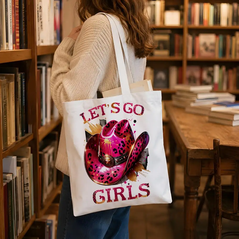 Pink Western Cowgirl Storage Bags Canvas Tote Bag Large Capacity Reusable  Shopping Commute Grocery Shoulder Bag Gift
