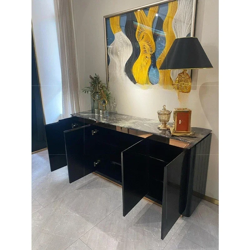 Modern neo-classical light luxury leopard print fan-shaped oval four-door high-end living room storage luxury stone TV cabinet