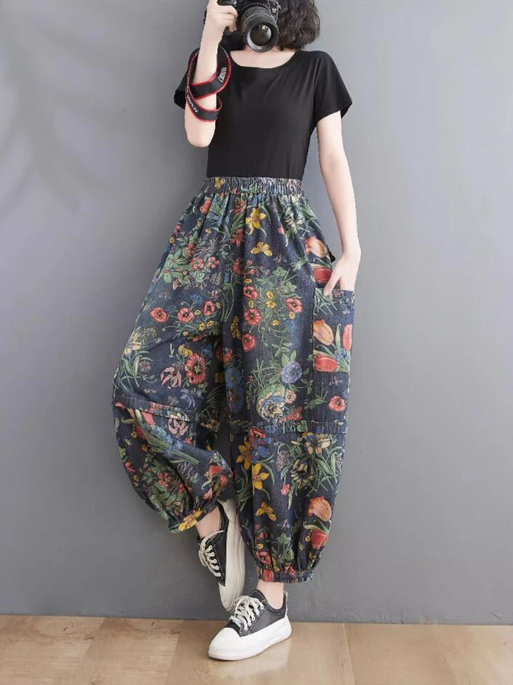 

Polka Dot Jeans Harem Flower Floral Pants Women Elastic High Waist Loose Ladies Trousers Casual Fashion Wide Leg Woman Pants