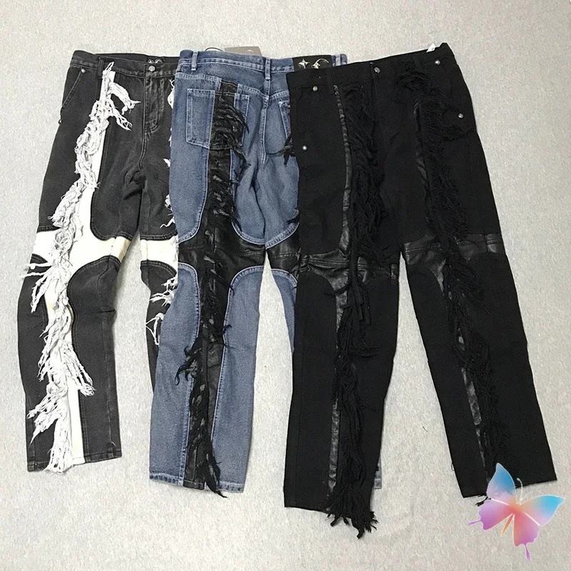 THUG CLUB Jeans Heavyweight Leather Star Moon Splicing Color Blocking Tassel Vinatge Washed Denim Pants Men Women