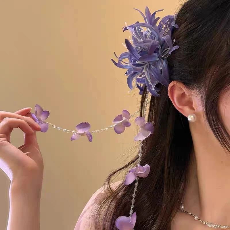 Jepit Rambut Bunga Lily Cakar Rambut Bunga Plastik untuk Wanita Anak Perempuan Klip Hiu Serbaguna Manis Aksesori Rambut Indah