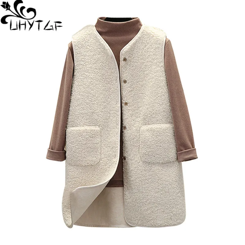 

UHYTGF Jackets Women's Lamb Wool Long Autumn Winter Vest Jacket Women's Sleeveless Waistcoat Coat Female Outerwear Chaqueta 2196