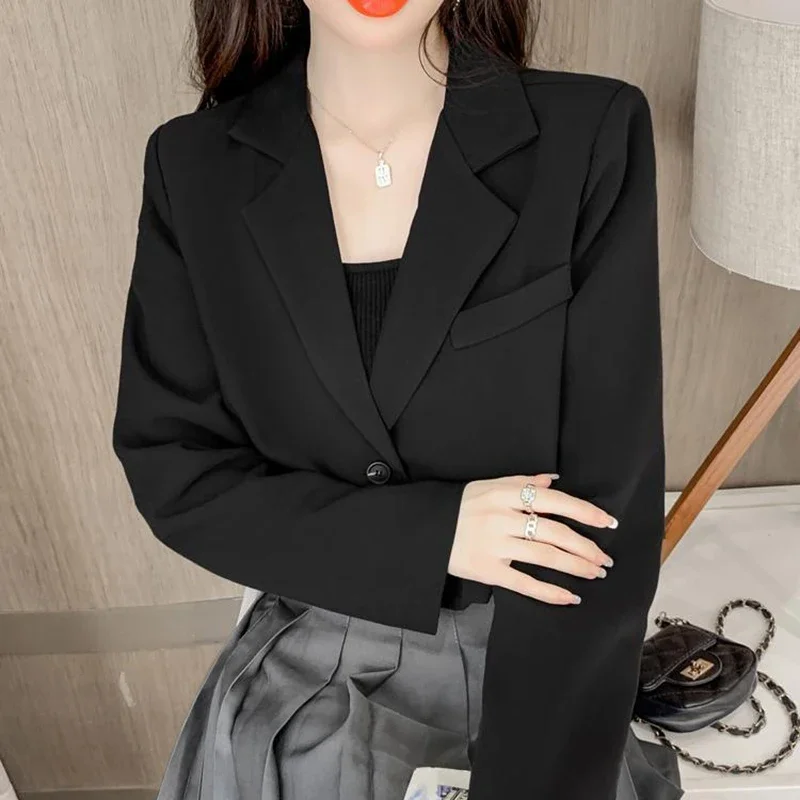 Korean Cropped Blazers Women Solid Color Simple Single-button Outwear Teens All-match Long Sleeve Office Suit Jacket blazer