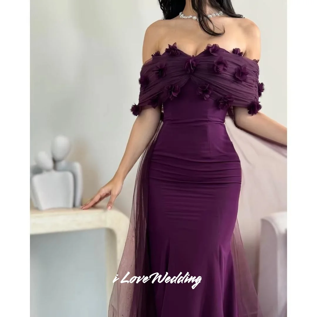 Purple Strapless Evening Dress 2025 Off Shoulder 3D Flowers Mermaid Backless Floor-Length Pleated Wedding Party Dress Customized