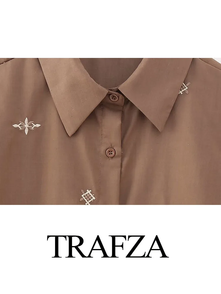 Trafza-女性の刺繍入りカジュアルブラウス,長袖シャツ,ラペルボタン,シックなトップス,オフィス,女性のファッション,2023