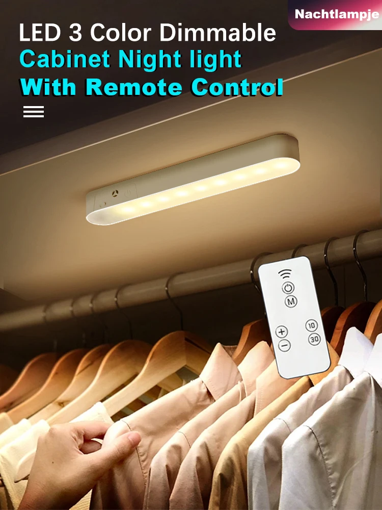 

Nachtlampje LED Cabinet Light Remote 3 Color Dimmable Night Light USB Rechargeable Magnetic Cabinet Lamp for Bedside Wardrobe