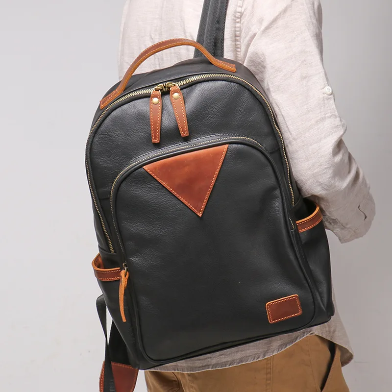 New Fashion Genuine Leather Men's Bag Crazy Horse Leather Backpack Large Capacity Computer Bag Personalized Contrast Travel Bag