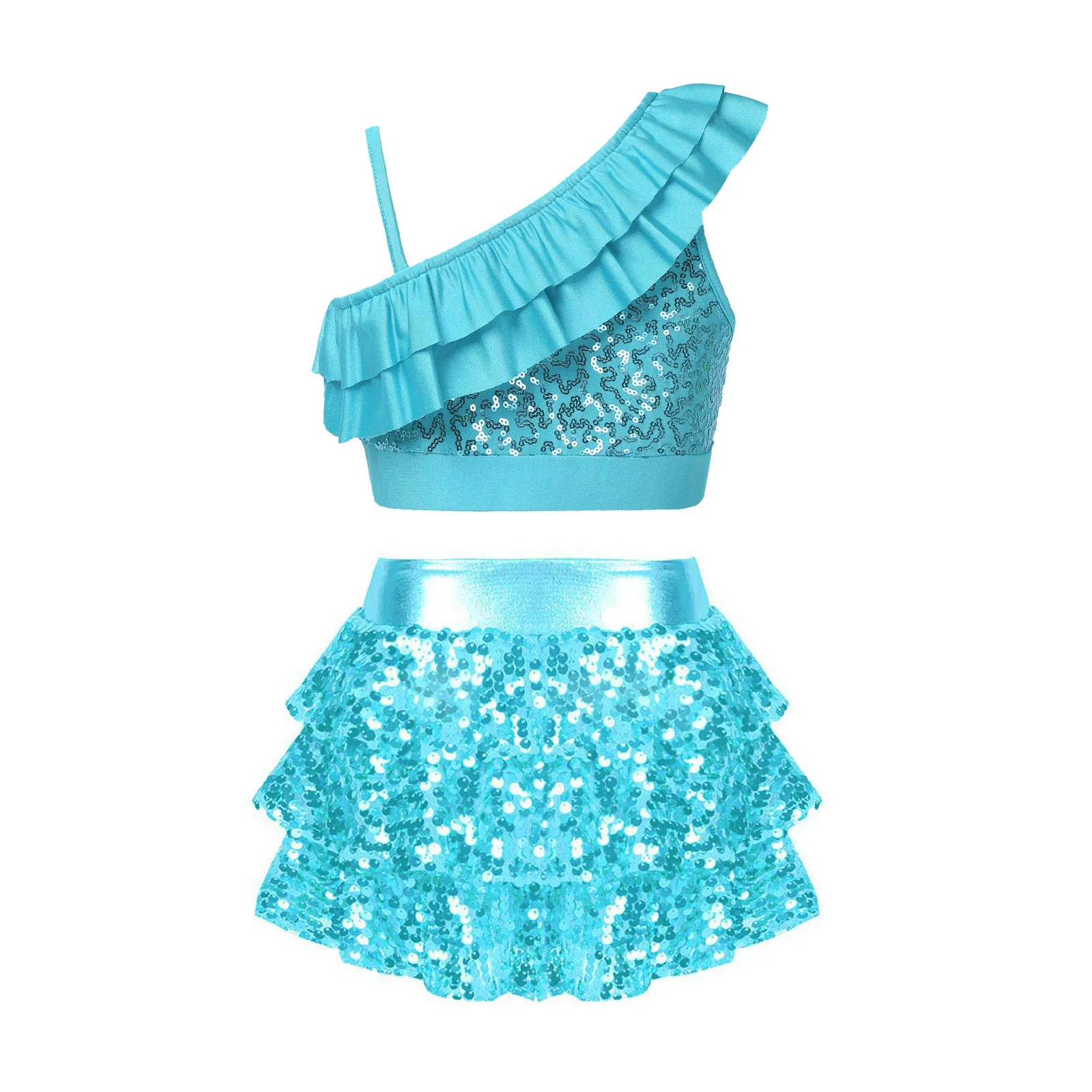 Kinder Mädchen Pailletten Tanz kleid Outfits gekräuselte Crop Tops und Quaste Minirock Performance Tanz kostüme Jazz Latin Dance wear