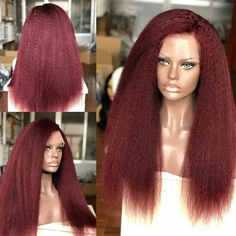 

Мягкий бордовый Yaki Kinky Straight 180 Плотность 26 дюймов Длинный парик фронта шнурка для женщин с волосами ребенка Предварительно выщипанные Ежедневно Бесклеевой