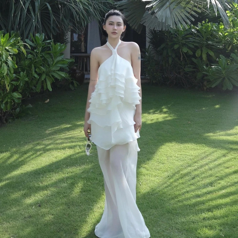 

2026 Summer New Romantic Hanging Neck Off Shoulder Multi layer Ruffle hem Dress for Women