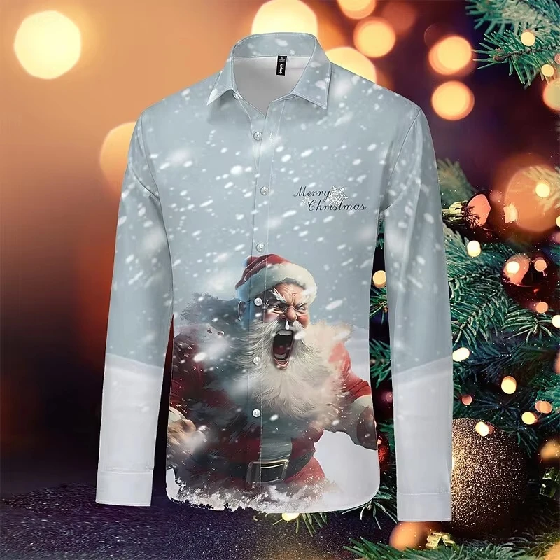 Camicia da uomo con stampa di Babbo Natale 3D per feste natalizie, tema natalizio, manica lunga, abbigliamento da strada ​