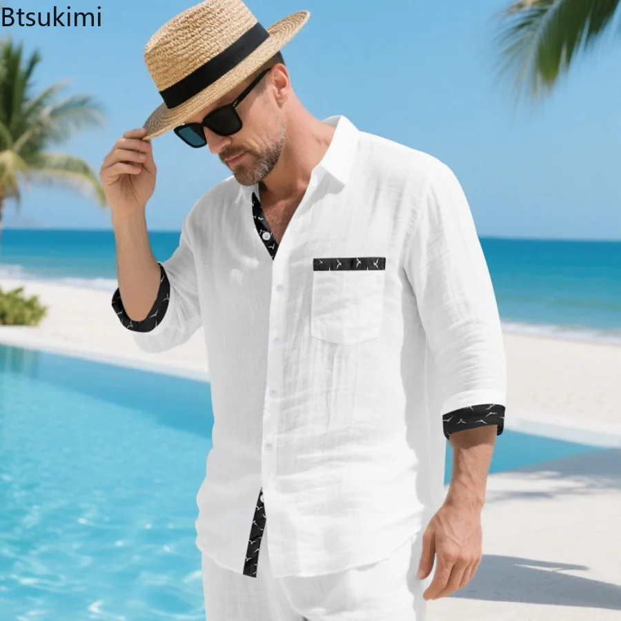 New Men's Linen Long Sleeve Shirt Casual Print Collar T-shirt Fashionable Retro Loose Casual Button Up Shirt Minimalist Design