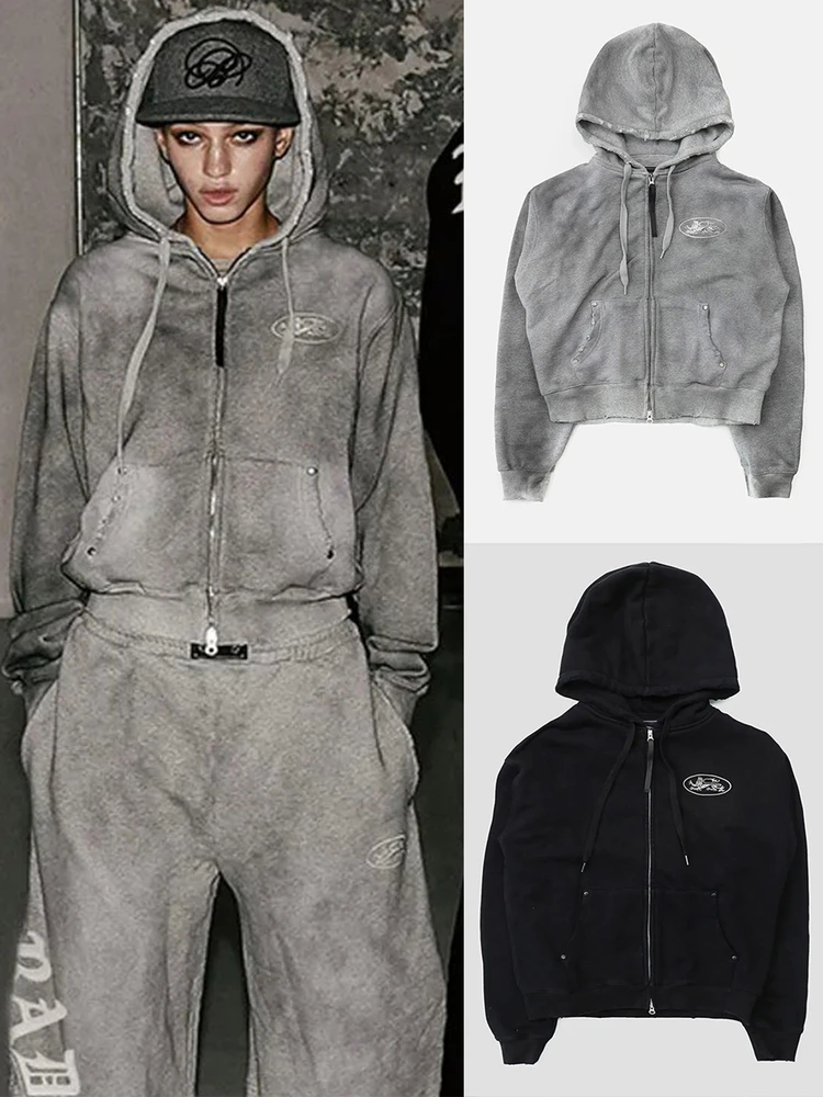 

Толстовка с капюшоном в американском стиле ретро, женская свободная талия, уличный повседневный топ Jaet, модный длинный све, цветная застежка-молния для поездок на работу