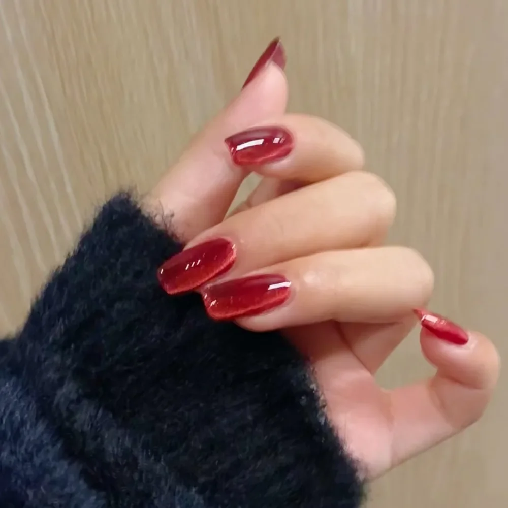 Falsas unhas falsas francesas, manicure wearable, olho de gato, comprimento médio, cabeça quadrada, unhas artificiais, pressione as unhas, menina