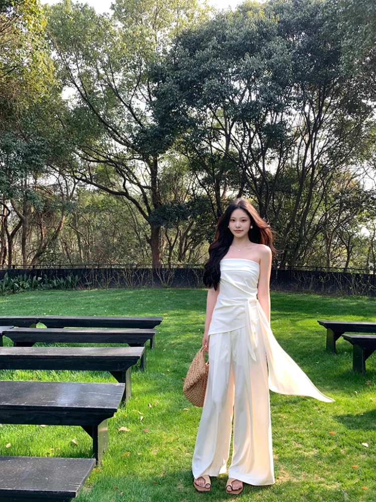 

Женский летний комплект из укороченного топа с высокой талией и широких брюк, модный двухсоставный костюм для женщин.