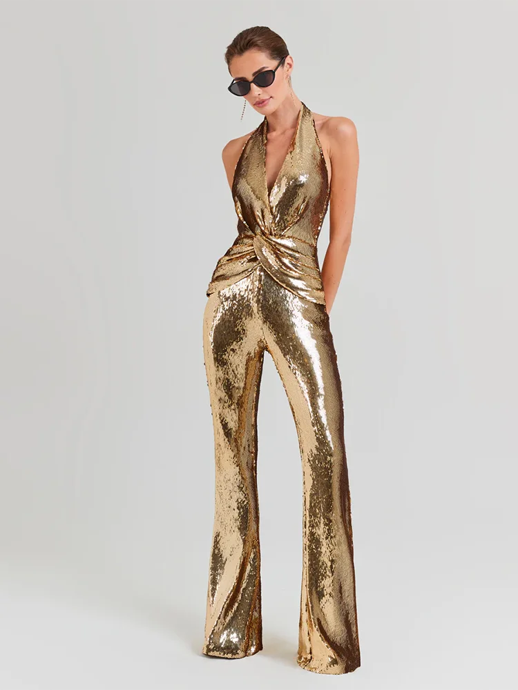 Women\'s Sleeveless Gold Sequin Jumpsuit Sexy V Neck Sparkle Sequined High Waist Wide Leg Pants Jumpsuit Celebrity Evening Party