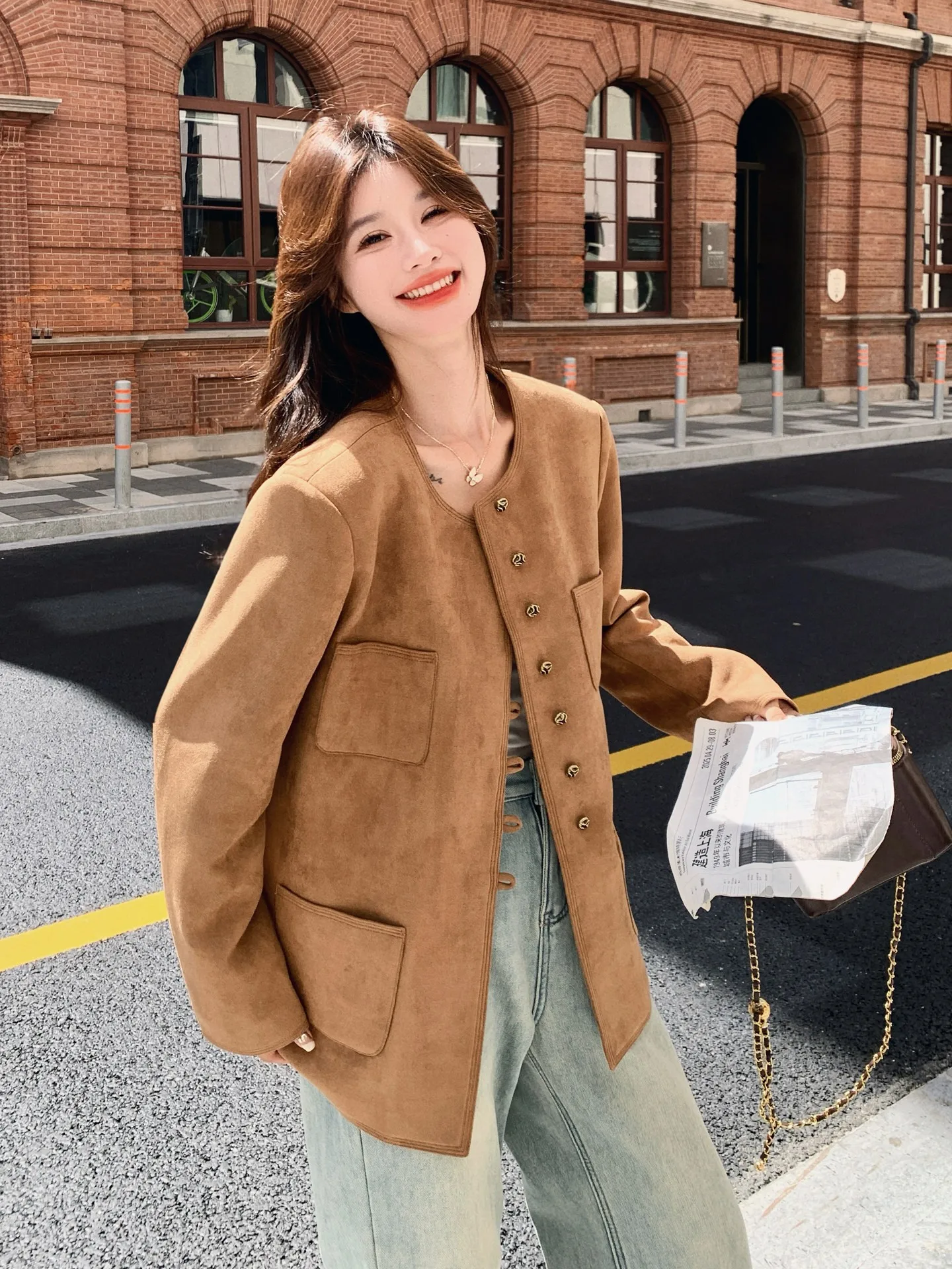 

Casual Loose Women's Suede Jacket Coffee Color Spring New Design Fashionable Casual Style Button Pocket Detail Long Sleeve Coat